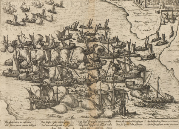 Naval Battle off Bergen op Zoom, 1574, Series 6: Dutch Events, 1571-1576, print, album page, Naval Battle of Reimerswaal off Bergen op Zoom, January 29, between the fleets of Louis de Boisot and the Lord of Glymes and d'Avila. At the top, the city of Bergen op Zoom. With a 10-line caption in German. Numbered: 20., printmaker: Frans Hogenberg, Cologne, 1574 - 1576, Frans Hogenberg, printmaker, North Rhine-Westphalia, paper, etching, height 215 mm x width 292 mm, Person, Sancho d' Avila, Jean de Glymes, Louis de Boisot, battle (naval force), Battle of Bergen op Zoom, Bergen op Zoom, South Beveland, Reimerswaal, Period, 1574-01-29, A dense scene of sailing vessels fills the water, with many wooden ships shown in close proximity, each with masts and furled or billowing sails, some with oars visible at their sides; rounded smoke clouds or puffs appear around and between the vessels, overlapping hulls and decks, and small groups of tiny figures stand or sit on the ships; the shoreline curves...