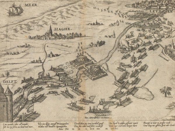 Relief of Leiden, 1574, Series 6: Dutch Events, 1571-1576, print, album page, The relief of Leiden on October 3, 1574. Troops of the Prince sail across the flooded polders of Delft past The Hague to Leiden, under the command of Admiral Louis de Boisot. Spanish besiegers flee from their positions. With a 10-line caption in German. Numbered: 24., printmaker: Frans Hogenberg, Cologne, 1574 - 1576, North Rhine-Westphalia, paper, etching, height 221 mm x width 294 mm, Person, Louis de Boisot, raising the siege with outside assistance, relief, The Hague, Leiden, Delft, Zoeterwoude, Period, 1574-10-03, A detailed monochrome engraving showing a coastal scene with many small rowing boats and larger ships on textured water, a fortified town with towers and clustered buildings on the left, open fields and scattered churches inland, a winding river or channel cutting through the scene, groups of soldiers or figures on boats and on shore, defensive barricades and floating platforms with men and equ...