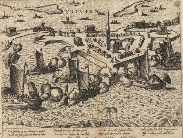 Capture of Krimpen, 1576, Series 6: Dutch Events, 1571-1576, print, album page, Siege of Krimpen aan de Lek by the Prince's army. Ships of the Prince bombard the fortified town from the water. On February 21, Krimpen surrenders. With an 8-line caption in German. Numbered: 26., printmaker: Frans Hogenberg, Cologne, 1576 - 1578, Frans Hogenberg, printmaker, North Rhine-Westphalia, paper, etching, height 216 mm x width 275 mm, siege, position war, Lek, Merwede, Krimpen aan de Lek, Period, 1576-02-21, A detailed black and white engraving of a coastal fortress and town seen from above, with fortified walls, a tall church steeple rising near clustered houses, and small rectangular defensive towers along the shoreline. Numerous sailing ships and rowed boats fill the surrounding waters, many showing billowing sails and flags, and several vessels are depicted with puffs of smoke near them and figures on deck. On the land near the walls there are groups of soldiers and small formations of men, s...