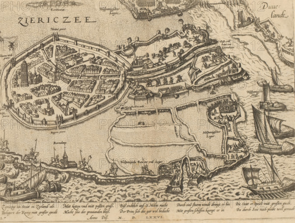 Siege of Zierikzee by the Spaniards, 1576, Series 6: Dutch Events, 1571-1576, print, album page, Siege of Zierikzee by the Spaniards under Mondragon. Despite a successful attempt by the Prince's ships to supply the city with provisions, the city surrendered on June 29, 1576. View of the walled city with the positions of the besieging Spanish troops, the Spanish ships, and the Prince's ships. With a 10-line caption in German. Numbered: 27., printmaker: Frans Hogenberg, Cologne, 1576 - 1578, North Rhine-Westphalia, paper, etching, height 208 mm x width 279 mm, Person, Cristóbal de Mondragón y Otalora, siege, position war, Siege of Zierikzee, Zierikzee, Period, 1576-06, A detailed monochrome map view showing a walled town with clustered buildings and streets, surrounded by defensive walls and gates, adjacent waterways with ships under sail, anchored vessels, and docks. Outside the town there are fortified earthworks and ramparts with soldiers, tents, and artillery emplacements. The shorel...