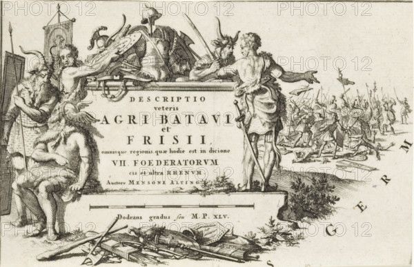 Descriptio veteris Agri Batavi et Frisii, Allegorical representation with Germanic warriors, print, Germanic warriors (possibly Batavians and Frisians) are sitting and standing around a titled stone. A weapon trophy sits on top of the stone. A battle scene is in the background. Detail of a map of the territories of the Batavians and Frisians., printmaker: Joseph Mulder (possibly), publisher: Henricus Wetstein, Amsterdam, publisher: Hendrik Halma, 1697 - 1700, 1725, paper, etching, height 108 mm x width 142 mm, Part of 16 maps of the land of the Batavians and Frisians first produced for and included in Alting, Menso. Descriptio, secundum antiquos, 1697-1700. Reused in Halma, François. Tooneel der Vereenigde Nederlanden, en onderhorige landschaps, 1725. Print originating from a scrapbook with title pages, ornaments, etc. on blue paper, disassembled in 1983. According to a note on the verso, the print was located on p. 121 of this album., the soldier, the soldier's life, Netherlands, Frie...