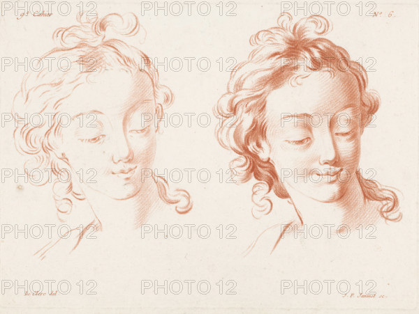 Two women's heads, Compositions with parts of the human body, IXe Cahier de Principes du Dessin d'après nature, print, Series number, 6, watermark, printmaker: Jean François Janinet, France, after drawing by Pierre Thomas Le Clerc, publisher: Le Père & Pierre-Michel Avaulez, Charles, Paris, dedicated to: Jean Baptiste Marie Pierre, 1762 - 1814, paper, crayon manner, crayon manner in red, height 211 mm x width 290 mm, This print is part of an album that consists of at least eleven consists of parts. This is the sixth print from the sixth album. These albums probably served as examples for draftsmen, painters, and engravers., head (human) - AA - female human figure, Two lightly sketched heads of a person drawn in reddish-brown chalk face each other on a cream paper background, each showing a gently tilted face with closed or lowered eyes and subtle, serene expressions; both have wavy, curled hair gathered toward the top and flowing in loose ringlets around the temples and neck, with soft...