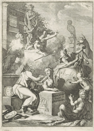 Title page for: Jacob Campo Weyerman, The Transparent Hermit, 1764, Allegorical representation with hermit, sphinx and satyrs, print, title page, A hermit sits writing in a book on a raised platform with a portrait medallion of Pythagoras and listens to the personification of Rumor pointing him to a part of the zodiac in the sky. In front of the hermit lies a sphinx on a pedestal on which Truth is depicted. To the right, a satyr points to the scene behind him; a putto drills a hole through the globe which is being unveiled by an old satyr. To the left in the background stand two (possibly antique) statues. On the right in the background, a donkey and an owl on a pedestal., after print by Jan Goeree, Jan Goeree, printmaker, after print by, paper, engraving, etching, height 167 mm x width 120 mm, Title page before: Weyerman, Jacob Campo. De doorzichtige hermiet. Sl: sn, 1764. The magazine De doorzigtige heremyt was originally published in 1728-1729 and reprinted in 1730. In 1764, a secon...