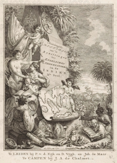 Title page for: Sn, Contemporary History or The Continuation of General History, 1779, Contemporary History of the Possessions of the English and Dutch in the Indies, Part X, Allegory of English and Dutch Colonies, print, title page, The Naked Truth gives a quill to History and tells her to write the story of the British and Dutch in the Indies. Together with a putto, History holds a map of the area. In the foreground lie objects from the area and on the right stand three Indians. To the left, in front of an obelisk with the coats of arms of England and the Netherlands, a putto flies with flags. On the right in the background, a ship sails on the sea., printmaker: Simon Fokke, after design by, publisher: Pieter van der Eyk, Leiden, publisher: Daniel Vijgh, publisher: Johannes Le Mair, publisher: Jacques Alexandre Chalmot, Kampen, paper, engraving, etching, height 176 mm x width 132 mm, Title page for: *Sn Hedendaagsche historie of Het vervolg van de Algemeene historie*, Xde Deel. Leide...
