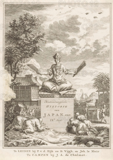 Contemporary History of Japan, etc. 9th Volume, Allegory of Japan, Title page before: Sn, Contemporary History or The Continuation of General History, 1778, print, title page, A Japanese god with seven heads on his chest, twelve arms and an arrow in each hand, sits on a pedestal with a title. Four Japanese worshipped him. In the background lies an imperial palace, in front of which is a carriage drawn by horses and a sedan chair carried by two men. In the foreground lie pearls, porcelain, weapons, wheat, rice, and a map., printmaker: Simon Fokke, after design by, publisher: Pieter van der Eyk, Leiden, publisher: Daniel Vijgh, publisher: Johannes Le Mair, publisher: Jacques Alexandre Chalmot, Kampen, paper, etching, height 173 mm x width 123 mm, Title page for: *Sn* Hedendaagsche historie of Het vervolg van de Algemeene historie, IXde Deel. Leiden: Eyk, Pieter van der, Vijgh, Daniel, Le Mair, Johannes, Kampen: Chalmot, Jacques Alexandre, 1778. Print originating from a scrapbook containi...