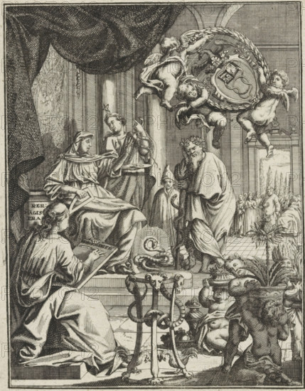 Allegorical figures and putti with the coat of arms of Leopoldina, print. A seated woman holds a measuring instrument in her hand; she holds her other hand raised towards the woman beside her with a star on her head, a scale in her hand, and a snake coiling around her arm. The seated woman leans on a column with the text Rerum Magistra. Standing beside the two women are a laureated man with a caduceus and a rooster (presumably Asclepius) and a boy with a pointed hat. In the foreground sits a writing woman seen from behind, next to a tripod with roosters and a snake in a halo. On the right, putti carry pots of flowers. In the upper right, three putti are flying with the coat of arms of the Deutsche Akademie der Wisschenschaften Leopoldina in Germany., 1700 - 1800, printmaker, paper, etching, height 182 mm x width 142 mm, Print from a scrapbook with title pages, ornaments, etc. on blue paper, disassembled in 1983. According to a note on the verso, the print was located on p. 213 of this ...