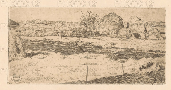 Field with haystacks, print, A piece of land fenced off with posts. On the left, part of a barn. In the background, haystacks., workshop stamp: 'ATELIER P. DUPONT', printmaker: Pieter Dupont, Amsterdam, 1895-11, paper, zinc etching, intaglio printmaking technique, height 102 mm x width 205 mm, meadow, pasture, hay-stack, A horizontal etching of a rural landscape showing grassy fields, low rolling terrain, and a meandering stream or water channel with textured waterlines. In the middle ground there are clusters of tall, rounded haystacks or mounds and a few small trees with sketched foliage. The foreground contains rough grass, tufts, and a couple of simple vertical stakes or posts sticking up from the ground. The distant background shows faint outlines of more fields and small vegetation along the horizon. The overall image is rendered in fine dark linework on a light, aged paper background.