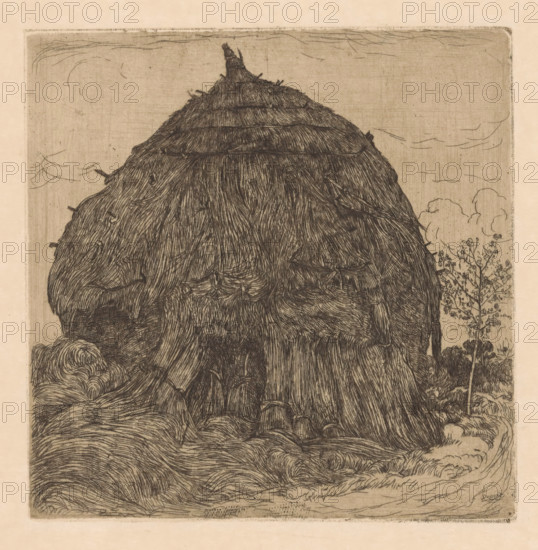 Hooipper, print, printmaker: Pieter Dupont, North Holland, c. 1894 - c. 1895, paper, zinkets, intaglio printmaking technique, height 155 mm x width 155 mm, hay-stack, A tall mound of densely layered thatch fills most of the frame, its textured strands rendered with fine, dark hatch lines and bound in horizontal bands, with several short sticks protruding from the surface and a small bundle at the apex; to the right of the mound a slender tree with delicate branches and small leaves stands near the edge, and soft curving cloud shapes appear in the background sky; the foreground shows flowing, wave-like patterns of thatch and ground with intricate linework, all on a pale, slightly mottled paper.