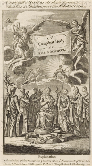 A complete Body of Arts & Sciences, Title page for: Sn, The Universal Magazin of Knowledge and Pleasure Vol III, 1748, Triumph of Peace, print, title page, Peace with a palm branch stands on a trophy and triumphs. She is surrounded by Concord, Navigation, Arts, Plenty, Trade, and Husbandry. On top of the clouds sit Eternity with the snake Ouroboros and Hope with the anchor. At the top, two angels are flying with a cloth bearing the title., publisher: John Hinton, London, printmaker, paper, etching, woodcut, letterpress printing, verso woodcut and text in letterpress, height 193 mm x width 109 mm, Title page front: Sn The Universal Magazin of Knowledge and Pleasure Vol III. London: Hinton, John, 1748. Print originating from a scrapbook containing title prints, ornaments, etc. on blue paper, disassembled in 1983. According to a note on the verso, the print was located on p. 210 from this album., symbols, allegories of peace, 'Pax', 'Pace' (Ripa), Eternity, 'Aeternitas', 'Eternità', 'Eter...