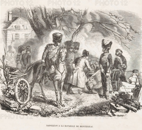 Napoléon a la bataille de Montereau, Napoleon at the Battle of Montereau, print, Napoleon stands amidst his soldiers in a landscape behind a cannon., in or after 1814 - in or after 1844, printmaker, paper, lithography, lithografie, height 169 mm x width 150 mm, Image also appears on a series of plates by BOCH. In the period 1844-1870, BOCH Freres produced a series of faience ware, usually issued in sets of twelve, featuring, among others, battles of Napoleon. The series was reproduced in the years 1920-1950. Print from a scrapbook with title prints, ornaments, etc. on blue paper, disassembled in 1983., Person, Napoleon I (Emperor of the French), battle, firearms: cannon, Montereau-Fault-Yonne, A detailed black and white etching shows a group of uniformed soldiers gathered around a cannon and a horse in an outdoor setting with bare tree branches overhead and a building with windows in the background; several figures wear tall fur hats and military coats, one figure is mounted on a horse...