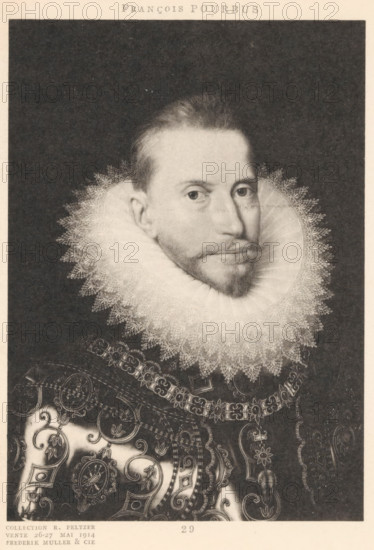 Photo reproduction of a painted portrait of Albrecht VII, Archduke of Austria, reproduction, photomechanical print, inscription: 'Collection R. Peltzer, Vente 26-27 Mai 1914, Frederik Muller & Cie, 29', cliché maker: anonymous, after painting by Frans Pourbus (II), 1900 - 1914, photographer, paper, collotype, letterpress printing, light printing and text in letterpress, height 172 mm x width 121 mm, Person, Albrecht Archduke of Austria, historical persons, knighthood order of the Golden Fleece - insignia of a knighthood order, eg: badge, chain (with NAME of order), A monochrome portrait of a man shown from the chest up against a dark background, with short hair and a trimmed mustache and beard, wearing a large, ornate lace ruff collar that frames his face and an embroidered garment with scrolling floral and geometric patterns and decorative chain details.
