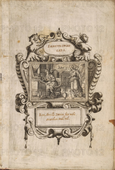 Annunciation, The Life of Christ, print, Series number, 1(56), The Annunciation to Mary. Part of a print album with title page and 56 scenes from the New Testament. Each image mounted in an engraving with ornamental cartouches in which a window is cut and provided with handwritten Bible passages., printmaker: Monogrammist HSD, Antwerp, after design by Pieter van der Borcht (I), c. 1570 - c. 1610, paper, engraving, engravings, height 40 mm x width 60 mm, height 175 mm x width 115 mm, the Annunciation: Mary sitting - AA - Mary to the left, the angel to the right, An ornate engraved frame with scrollwork and winged cherub-like figures surrounds a central rectangular scene depicting a seated woman at a lectern looking toward a standing angelic figure with wings; the seated woman is inside an architectural interior with drapery and columns, the angel stands near a small vase with a flowering plant and a glowing circular light above them, and the entire composition is set against a textured ...