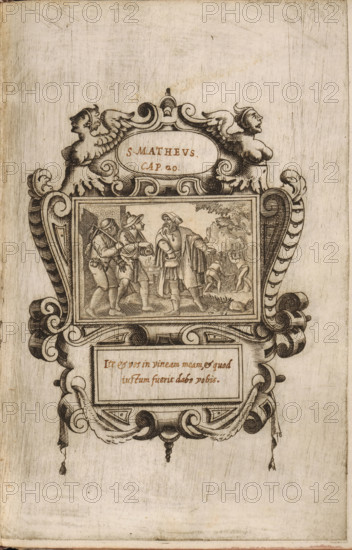 Parable of the laborers in the vineyard, The life of Christ, print, Series number, 50(56), Parable of the laborers in the vineyard. Part of a picture album with title page and 56 scenes from the New Testament. Each image mounted in an engraving with ornamental cartouches in which a window is cut and provided with handwritten Bible passages., printmaker, after design by, after print by, Germany, Antwerp, paper, engraving, engravings, height 40 mm x width 60 mm, height 175 mm x width 115 mm, the laborers in the vineyard, parable of Christ (Matthew 20:1-16), An ornate engraved cartouche with symmetrical scrollwork and winged busts at the top frames a rectangular scene showing three robed and hat-wearing figures standing and gesturing toward a vineyard where two crouched figures tend vines; below the scene the cartouche continues with curved ornamental flourishes and a rectangular panel containing stylized script, all rendered in dark engraved lines on a light, textured background with vis...