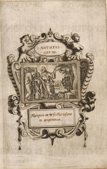 Christ proves to his disciples that he is the Son of God (former title), Christ curses the fig tree, The Life of Christ, print, Series number, 33(56), Christ curses the fig tree (Matt. 21:19). Part of a picture album with title page and 56 scenes from the New Testament. Each image mounted in an engraving with ornamental cartouches in which a window is cut and provided with handwritten Bible passages., printmaker, after design by, after print by, Germany, Antwerp, paper, engraving, engravings, height 40 mm x width 60 mm, height 175 mm x width 115 mm, the cursing of the fig-tree (Matthew 21:18-22, Mark 11:12-14, 11:20-21), An ornate rectangular frame with scrollwork and winged figures at the top encloses a smaller scene depicting robed figures standing and gesturing near a tree and distant buildings, with decorative foliage and a rocky foreground; below the scene the frame continues with carved volutes, ribbon-like elements, and suspended tassels, all rendered in fine line engraving on a...