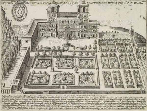 Del seren.mo Gran Duca di Toscana Palazzo et Giardino nel Monte Pincio in Roma, Villa Medici and gardens in Rome, Ancient monuments, Antiquae Urbis Splendor, print, album page, In the lower margin a list of explanatory numbers. Numbered top right: 162., printmaker: Jacobus Laurus, Italy, printer (person): Giacomo Mascardi, Rome, in or after 1637, printer (person), paper, etching, height 176 mm x width 231 mm, This print is part of a set of 158 prints (title prints), which appeared in four parts. Parts one and two appeared in 1612. The third part appeared in 1615 and part four appeared in 1628. In 1637 Vitale Mascardi published the first reissue of the entire set with numbering., garden, hôtel, i.e. small palace in city, Pincio, Villa Medici (Rome), An engraved bird’s-eye view of a formal walled garden and large palace, showing a central building with symmetrical towers and a grand entrance facing a courtyard with a circular fountain and steps, parterre gardens laid out in geometric bed...
