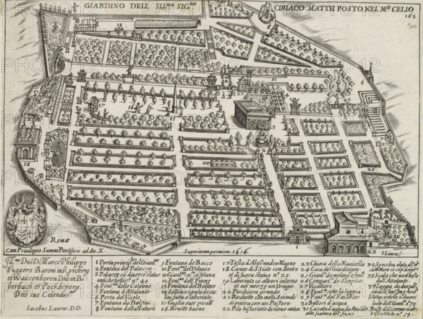 Giardino dell Illustrissimo Signore Ciriaco Mattei Posto nel Monte Celio, Gardens of the Villa Celimontana (Villa Mattei) on Monte Celio in Rome, Antiquae Urbis Splendor, Antique monuments, print, album page, In the bottom margin a list of explanatory numbers. Numbered top right: 163., printmaker: Jacobus Laurus, Italy, printer (person): Giacomo Mascardi, Rome, grantor of privilege: Paul V, Vatican City, dedicated to: Marcus Fugger (Baron of Kirchberg and Weissenhorn), in or after 1637, printer (person), paper, etching, height 180 mm x width 234 mm, This print is part of a set of 158 prints (title prints), which appeared in four parts. Parts one and two appeared in 1612. The third part appeared in 1615 and part four appeared in 1628. In 1637 Vitale Mascardi published the first reissue of the entire set with numbering., garden, hôtel, i.e. small palace in city, Celio, Villa Celimontana, A bird’s-eye ink engraving of a formal garden with many rectangular planted beds separated by straigh...