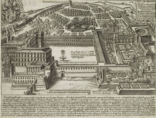 Apostolic Palace and the Gardens in Vatican City, Descriptio palatii pontificis in Vaticano ac viridarii celeber'que de Belvedere, Ancient monuments, Antiquae Urbis Splendor, print, album page, In the lower margin a list of explanatory numbers. Numbered upper right: 158., printmaker: Jacobus Laurus, Italy, printer (person): Giacomo Mascardi, Rome, in or after 1637, Jacobus Laurus, Giacomo Mascardi, printmaker, printer (person), paper, etching, height 177 mm x width 236 mm, This print is part of a set of 158 prints (title prints), which appeared in four volumes. Volumes one and two appeared in 1612. In 1615 the third part appeared, and in 1628 part four appeared. In 1637 Vitale Mascardi published the first reissue of the entire set with numbering., garden, palace, Vatican City, Apostolic Palace, A detailed black and white engraving showing an elevated bird’s-eye view of a complex of classical buildings and formal gardens, with long colonnaded façades, multi-story rectangular structures,...