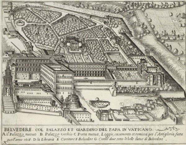 Apostolic Palace and Gardens in Vatican City, Belvedere col palazzo et giardino del Papa in Vaticano, Palaces and Gardens in Rome, print, album page, List of explanatory letters in lower margin., printmaker: Matthäus Greuter, Italy, printmaker: Govert van Schayck, printmaker: Francesco Corduba, publisher: Giovanni Domenico de' Rossi, Rome, 1623, Matthäus Greuter, Govert van Schayck, Francesco Corduba, Giovanni Domenico de' Rossi, paper, engraving, height 175 mm x width 225 mm, This print is part of a series of eight prints of palaces and gardens in Rome., garden, palace, Vatican City, Apostolic Palace, An engraving of a large walled complex and surrounding landscape showing formal gardens with geometric beds, tree-lined avenues, and densely planted groves, a central building with terraces and colonnades, adjacent courtyard spaces with fountains and decorative paving, a river or waterway running alongside embankments, towers and fortified walls, smaller outbuildings and clustered houses...