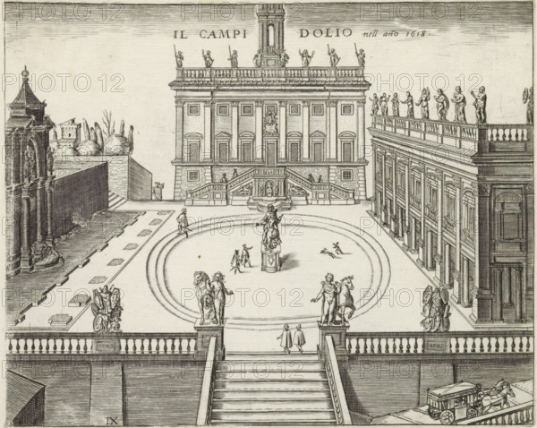 Il Campidolio nell ano 1618, Capitoline Hill in Rome, print, album page, View of the Capitol Hill with the Piazza del Campidoglio and the palaces with the Capitoline Museums. In the center the equestrian statue of Marcus Aurelius., printmaker: Jacobus Laurus (possibly), Italy, 1584 - 1637, paper, engraving, height 179 mm x width 225 mm, square, circus, representation of real building (either existing or having existed), Rome, Capitol, Piazza del Campidoglio, Palazzo Senatorio (Rome), Capitoline Museums, Palazzo Nuovo, Palazzo dei Conservatori, An engraved view of a formal plaza with a large building centered at the top, its facade featuring pilasters, arched doorways, small square windows, and a balustraded roof topped by standing statues, flanked on the right by a long colonnaded building with statues along its roofline and on the left by a smaller ornate structure and gardened area with trees; a broad staircase leads down from a balustraded terrace into an open oval paved area contai...