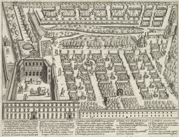 Palazzo del Quirinale and gardens on the Quirinal Hill in Rome, Pontifical Aedium Hortoriumque Quirinalium, Antiquae Urbis Splendor, Ancient monuments, print, album page, In the lower margin a list of explanatory numbers. Numbered upper right: 159., printmaker: Jacobus Laurus, Italy, printer (person): Giacomo Mascardi, Rome, in or after 1637, printer (person), paper, etching, height 182 mm x width 240 mm, This print is part of a set of 158 prints (title prints), which appeared in four volumes. Volumes one and two appeared in 1612. The third volume appeared in 1615 and volume four appeared in 1628. In 1637, Vitale Mascardi published the first reissue of the entire set with numbering., garden, palace, Quirinal, Palazzo del Quirinale, An engraved bird’s-eye view shows a large formal complex with a multi-story building fronting a courtyard where carriages, horses, and small groups of people are depicted; behind the building are rectilinear garden beds arranged in rows with low walls and de...