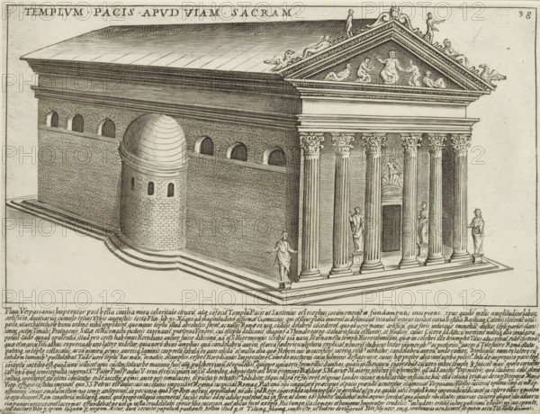 Templum Pacis Apud Viam Sacram, Tempio della Pace on the Via Sacra in Rome, Ancient monuments, Antiquae Urbis Splendor, print, album page, Text in Latin in lower margin. Numbered upper right: 38., printmaker: Jacobus Laurus, Italy, printer (person): Giacomo Mascardi, Rome, in or after 1637, printer (person), paper, etching, height 180 mm x width 236 mm, This print is part of a set of 158 prints (title prints), which appeared in four volumes. Volumes one and two appeared in 1612. The third volume appeared in 1615 and volume four appeared in 1628. In 1637, Vitale Mascardi published the first reissue of the entire set with numbering., temple, shrine, Roman religion, Tempio della Pace, A detailed engraved architectural drawing of a classical temple seen in perspective, showing a rectangular brick building with a pitched roof and a domed semicircular apse on one side, a tall colonnaded portico with ornate Corinthian capitals at the front, a triangular pediment decorated with reclining and s...