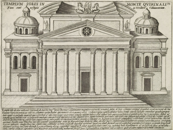 Templum Solis In Monte Quirinali, Tempio del Sole te Rome, Ancient monuments, Antiquae Urbis Splendor, print, album page, Text in Latin in lower margin. Numbered upper right: 33., printmaker: Jacobus Laurus, Italy, printer (person): Giacomo Mascardi, Rome, in or after 1637, printer (person), paper, etching, height 175 mm x width 232 mm, This print is part of a set of 158 prints (title prints), which appeared in four parts. Parts one and two appeared in 1612. The third part appeared in 1615 and part four appeared in 1628. In 1637, Vitale Mascardi published the first reissue of the entire set with numbering., temple, shrine, Roman religion, Tempio del Sole, A detailed line drawing of a classical building facade seen from the front, featuring a wide staircase leading up to a colonnaded portico with tall fluted columns topped by ornate capitals and a central doorway between the columns, flanked by symmetrical side wings each with arched openings above rectangular doors and a domed tower on...
