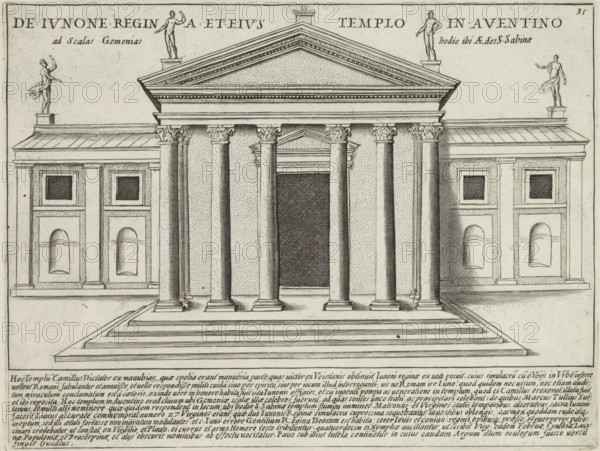 Temple of Juno Regina on the Aventine Hill in Rome, De Iunone Regina et Eius Templo in Aventino, Ancient monuments, Antiquae Urbis Splendor, print, album page, Text in Latin in lower margin. Numbered upper right: 35., printmaker: Jacobus Laurus, Italy, printer (person): Giacomo Mascardi, Rome, in or after 1637, printer (person), paper, etching, height 176 mm x width 233 mm, This print is part of a set of 158 prints (title prints), which appeared in four volumes. Volumes one and two appeared in 1612. The third volume appeared in 1615 and volume four appeared in 1628. In 1637, Vitale Mascardi published the first reissue of the entire set with numbering., temple, shrine, Roman religion, Temple of Juno Regina, A frontal architectural drawing of a classical temple with a wide stepped platform leading to a portico supported by tall fluted columns topped with ornate capitals, a triangular pediment with layered cornices above, a large recessed central doorway flanked by the columns, symmetrica...