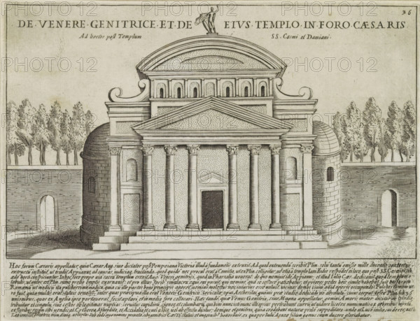 De Venere Genitrice et de Eius Templo in Foro Caesaris, Temple of Venus Genetrix in Caesar's Forum in Rome, Antiquae Urbis Splendor, Ancient monuments, print, album page, Text in Latin in lower margin. Numbered upper right: 36., printmaker: Jacobus Laurus, Italy, printer (person): Giacomo Mascardi, Rome, in or after 1637, Jacobus Laurus, Giacomo Mascardi, printmaker, printer (person), paper, etching, height 179 mm x width 234 mm, This print is part of a set of 158 prints (title prints), which appeared in four parts. Parts one and two appeared in 1612. The third part appeared in 1615 and part four appeared in 1628. In 1637, Vitale Mascardi published the first reissue of the entire set with numbering., temple, shrine, Roman religion, Temple of Venus Genetrix, Forum of Caesar, A black and white architectural engraving of a classical temple façade with a stepped platform leading to a portico supported by tall columns topped with decorative capitals and a triangular pediment; flanking the c...