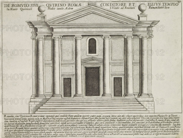 Temple of Quirinus on the Quirinal Hill in Rome, De Venere Genitrice et de Eius Templo in Foro Caesaris, Ancient monuments, Antiquae Urbis Splendor, print, album page, Text in Latin in lower margin. Numbered upper right: 37., printmaker: Jacobus Laurus, Italy, printer (person): Giacomo Mascardi, Rome, in or after 1637, printer (person), paper, etching, height 179 mm x width 233 mm, This print is part of a set of 158 prints (title prints), which appeared in four volumes. Volumes one and two appeared in 1612. The third volume appeared in 1615 and volume four appeared in 1628. In 1637, Vitale Mascardi published the first reissue of the entire set with numbering., temple, shrine, Roman religion, Quirinal, A detailed architectural engraving of a classical temple façade with a wide flight of steps leading up to a raised platform, a central doorway flanked by tall columns with ornate capitals, recessed rectangular panels between the columns, smaller doorways or niches on either side, a triang...