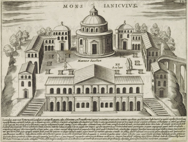 Mons Ianiculus, Buildings on the Janiculum in Rome, Ancient monuments, Antiquae Urbis Splendor, print, album page, View of the Janiculum hill with various buildings. Text in Latin in the lower margin. Numbered upper right: 32., printmaker: Jacobus Laurus, Italy, printer (person): Giacomo Mascardi, Rome, in or after 1637, printer (person), paper, etching, height 179 mm x width 233 mm, This print is part of a set of 158 prints (title prints), which appeared in four parts. Parts one and two appeared in 1612. The third part appeared in 1615 and part four appeared in 1628. In 1637 Vitale Mascardi published the first reissue of the entire set with numbering., representation of real building (either existing or having existed), Janiculum, A black and white engraved view of a hilltop complex with a central domed rotunda surrounded by rectangular buildings, terraces, and stairways, showing arched windows, columned facades, pitched roofs, and small square plinths on the open paved areas, with a ...