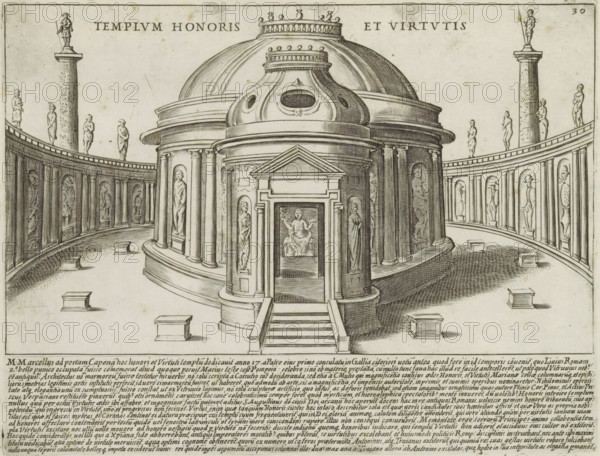 Templum honoris et virtutis, Temple of Honor and Virtue in Rome, Ancient monuments, Antiquae Urbis Splendor, print, album page, View of the Temple of Honor and Virtue in Rome. Text in Latin in the lower margin. Numbered upper right: 30., printmaker: Jacobus Laurus, Italy, printer (person): Giacomo Mascardi, Rome, in or after 1637, printer (person), paper, etching, height 179 mm x width 235 mm, This print is part of a set of 158 prints (title prints), which appeared in four volumes. Volumes one and two appeared in 1612. The third volume appeared in 1615 and volume four appeared in 1628. In 1637, Vitale Mascardi published the first reissue of the entire set with numbering., temple, shrine, Roman religion, representation of a real building (either existing or having existed), A detailed black and white engraving of a classical circular temple with a large domed central structure surrounded by a curved colonnade and balustrade, featuring many niches each holding a standing statue, with col...