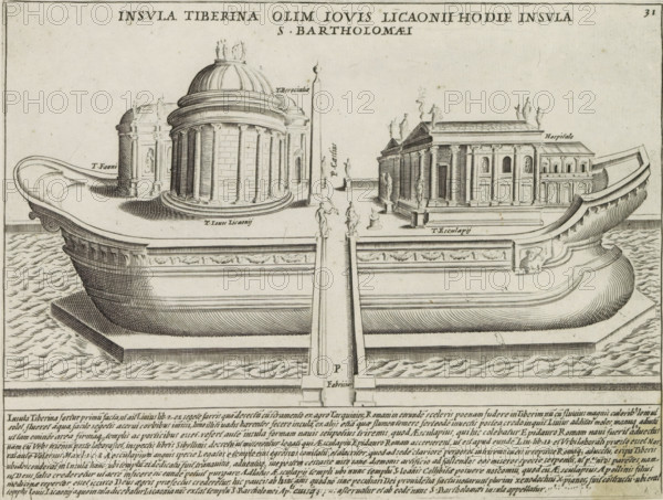 Tiber Island in Rome, Insula Tiberina olim Iovis licanii hodie insula S. Bartholomaei, Antiquae Urbis Splendor, Ancient monuments, print, album page, View of the Tiber Island, an elongated island in the shape of a ship in the southern bend of the River Tiber in Rome. Text in Latin in the lower margin. Numbered upper right: 31., printmaker: Jacobus Laurus, Italy, printer (person): Giacomo Mascardi, Rome, in or after 1637, printer (person), paper, etching, height 176 mm x width 235 mm, This print is part of a set of 158 prints (title prints), which appeared in four volumes. Parts one and two appeared in 1612. The third part appeared in 1615, and part four appeared in 1628. In 1637, Vitale Mascardi published the first reissue of the entire set with numbering., temple, shrine, Roman religion, representation of real building (either existing or having existed), Tiber, Tiber Island, A black and white engraved view of a large boatlike platform floating on water, with architectural structures ...