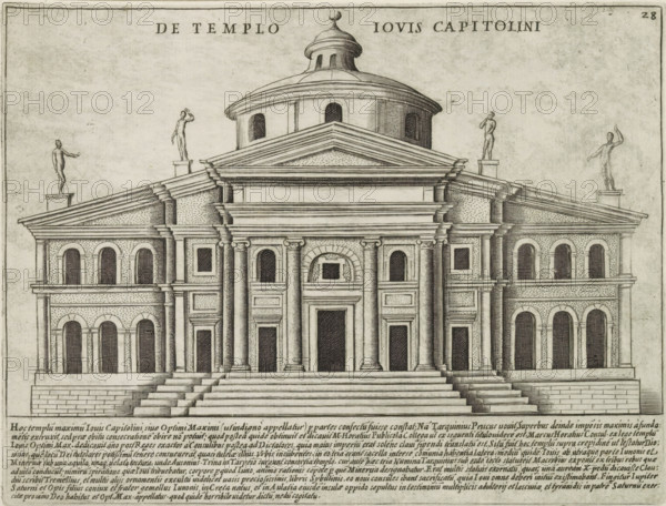 Temple of Jupiter Optimus Maximus in Rome, Templum Templo Iovis Capitolini, Ancient monuments, Antiquae Urbis Splendor, print, album page, View of the Temple of Jupiter Optimus Maximus in Rome. Text in Latin in lower margin. Numbered upper right: 28., printmaker: Jacobus Laurus, Italy, printer (person): Giacomo Mascardi, Rome, in or after 1637, printer (person), paper, etching, intaglio printmaking technique, etching with plate tone, height 177 mm x width 235 mm, This print is part of a set of 158 prints (title prints), which appeared in four volumes. Volumes one and two appeared in 1612. In 1615 the third volume appeared, and in 1628 volume four appeared. In 1637 Vitale Mascardi published the first reissue of the entire set with numbering., temple, shrine, Roman religion, representation of real building (either existing or having existed), Temple of Jupiter Optimus Maximus, A detailed architectural engraving of a large classical building with a stepped platform leading to a central en...