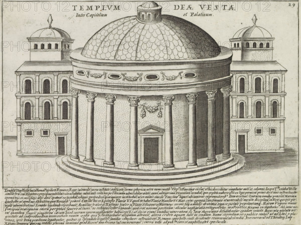 Temple of Vesta in Rome, Templum deae Vestae, Antiquae Urbis Splendor, Ancient monuments, print, album page, View of the Temple of Vesta in Rome. Text in Latin in the lower margin. Numbered upper right: 29., printmaker: Jacobus Laurus, Italy, printer (person): Giacomo Mascardi, Rome, in or after 1637, printer (person), paper, etching, height 177 mm x width 232 mm, This print is part of a set of 158 prints (title prints), which appeared in four volumes. Volumes one and two appeared in 1612. The third volume appeared in 1615 and volume four appeared in 1628. In 1637 Vitale Mascardi published the first reissue of the entire set with numbering., temple, shrine, Roman religion, representation of real building (either existing or having existed), Temple of Vesta (Rome), A large circular building with a domed roof sits on a tiered circular base and is surrounded by tall columns with ornate capitals forming a colonnade, with a central doorway beneath a small triangular pediment; the dome has a...