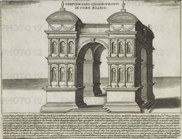 Arch of Janus in Rome, Templum Iani Quadrifronti in Foro Boario, Ancient monuments, Antiquae Urbis Splendor, print, album page, View of the Arch of Janus in Rome. Text in Latin in lower margin. Numbered upper right: 27., printmaker: Jacobus Laurus, Italy, printer (person): Giacomo Mascardi, Rome, in or after 1637, printer (person), paper, etching, intaglio printmaking technique, etching with plate tone, height 182 mm x width 235 mm, This print is part of a set of 158 prints (title prints), which appeared in four volumes. Volumes one and two appeared in 1612. In 1615 the third part appeared and in 1628 part four appeared. In 1637 Vitale Mascardi published the first reissue of the entire set with numbering., triumphal arch, representation of real building (either existing or having existed), Arch of Janus, A monochrome architectural engraving shows a classical monumental structure with two symmetrical square towers connected by a large central arch. Each tower has stacked tiers with colu...