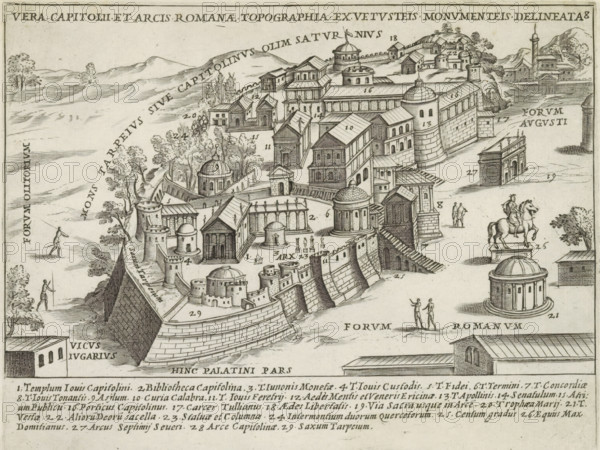 Vera Capitolii et Arcis Romana topographia ex vetusteis monumenteis delineata, Capitoline Hill in Rome, Antiquae Urbis Splendor, Ancient monuments, print, album page, View of the Capitoline Hill in Rome. Various structures stand on the hill, such as the Temple of Jupiter Optimus Maximus and the Bibliotheca Capitolina. An explanatory list with numbers in the lower margin. Numbered top right: 8., printmaker: Jacobus Laurus, Italy, printer (person): Giacomo Mascardi, Rome, in or after 1637, printer (person), paper, etching, height 178 mm x width 235 mm, This print is part of a set of 158 prints (title prints), which appeared in four volumes. Parts one and two appeared in 1612. The third part appeared in 1615, and part four appeared in 1628. In 1637, Vitale Mascardi published the first reissue of the entire set with numbering., city-view, and landscape with man-made constructions, temple, shrine, Roman religion, milestone, Capitoline Hill, An engraved bird’s-eye view of a walled classical ...