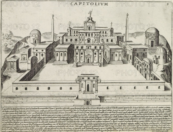 Capitolium, Capitoline Hill in Rome, Antiquae Urbis Splendor, Ancient monuments, print, album page, View of the Capitoline Hill, a hill in Rome. Text in Latin in the lower margin. Numbered upper right: 9., printmaker: Jacobus Laurus, Italy, printer (person): Giacomo Mascardi, Rome, in or after 1637, printer (person), paper, etching, height 178 mm x width 235 mm, This print is part of a set of 158 prints (title prints), which appeared in four volumes. Volumes one and two appeared in 1612. The third volume appeared in 1615 and volume four appeared in 1628. In 1637, Vitale Mascardi published the first reissue of the entire set with numbering, city-view, and landscape with man-made constructions, Capitoline Hill, A detailed ink engraving of a large rectangular complex with a central open courtyard surrounded by walls and multiple classical buildings, including a prominent multi-tiered palace-like structure at the far side with columns, pediments, statues on terraces, and a central statue a...