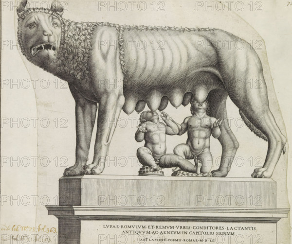 Lupae Romulum et Remum urbis conditiones la ctantis antiquum ac aeneum in Capitolio signum, She-wolf with Romulus and Remus, Speculum Romanae Magnificentiae, print, album page, Sculpture of a she-wolf, the Lupa Capitolina, depicting the twins Romulus and Remus suckles. Title in Latin in bottom margin, number: '77.', inscription: 'Ende lib. No. 23. fol. 363., End lib. No. 21. fol. 153.', printmaker: attributed to Nicolas Beatrizet, Italy, publisher: Antonio Lafreri, Rome, 1552, Attributed to, paper, engraving, gravure, height 375 mm x width 268 mm, This print belongs to the print corpus known as the 'Speculum Romanae Magnificentiae' ('Mirror of Roman Splendor'). This corpus, consisting of prints depicting artworks and buildings from ancient and modern Rome, originated with publishers Antonio Salamanca and Antonio Lafreri. These two foreign publishers joined forces in Rome during the period 1553–1563. Their prints quickly became immensely popular among tourists and collectors, who purcha...
