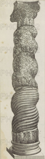 Twisted column from St. Peter's Basilica (Colonna Santa), Speculum Romanae Magnificentiae, print, album page, A twisted column decorated with tendrils with composite capital. Called the Colonna Santa., printmaker: Nicolas Beatrizet, Italy, publisher: Antonio Lafreri (possibly), Rome, 1525 - 1565, Nicolas Beatrizet, Antonio Lafreri, printmaker, publisher, paper, engraving, height 420 mm x width 156 mm, This print belongs to the print corpus known as the 'Speculum Romanae Magnificentiae' ('Mirror of Roman Splendor'). This corpus, consisting of prints depicting artworks and buildings from ancient and modern Rome, originated with publishers Antonio Salamanca and Antonio Lafreri. These two foreign publishers joined forces in Rome between 1553 and 1563. Their prints quickly became immensely popular among tourists and collectors, who purchased them individually or in large groups. Large groups of Speculum prints were often bound together in albums upon request. Several Speculum albums have su...