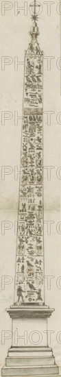 Egyptian obelisk, drawing, album page, The drawing is part of an album., Italy, c. 1550 - c. 1650, draftsman (artist), materials by function, paper, ink, pen, brush, pen in brown with brush in gray, height 495 mm x width 83 mm, obelisk, needle, A tall, narrow obelisk drawn in monochrome stands on a multi-tiered rectangular pedestal; the obelisk tapers to a pointed top crowned with a small decorative cap, a star-like ornament, and a cross above it. The obelisk shaft is densely covered with rows of carved symbols and pictorial elements arranged in horizontal bands, including stylized birds, seated and standing human figures in profile, various animal shapes, and other geometric and symbolic motifs depicted in a linear, relief-like style. Near the base of the shaft are two larger human figures facing each other with a horizontal element between them, and above and below are additional oval-framed motifs containing seated figures. The pedestal consists of several molded layers with a broad...