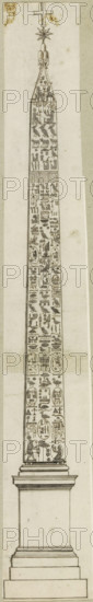 Egyptian obelisk, drawing, album page, The drawing is part of an album., Italy, c. 1550 - c. 1650, draftsman (artist), materials by function, paper, ink, pen, brush, pen in brown with brush in gray, height 521 mm x width 78 mm, obelisk, needle, A tall, narrow stone obelisk on a stepped rectangular pedestal, covered on its visible face with vertical rows of carved pictorial symbols and figures arranged in horizontal bands, showing human and animal shapes, seated and standing figures, birds, and various abstract motifs; the obelisk tapers to an ornate top featuring a segmented cap with decorative elements, a star-shaped ornament beneath a cross-like finial, and two small human figures near the uppermost carved band; the pedestal has layered moldings and a plain facing surface, and the entire object is rendered in a monochrome drawn style on a light background with slight stains and faint smudges.