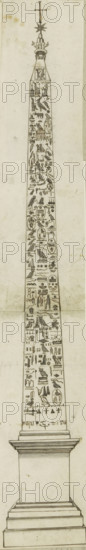 Egyptian obelisk, drawing, album page, The drawing is part of an album., Italy, c. 1550 - c. 1650, draftsman (artist), materials by function, paper, ink, pen, brush, pen in brown with brush in gray, height 520 mm x width 84 mm, obelisk, needle, A tall, narrow stone obelisk drawn in monochrome stands on a stepped rectangular base; the obelisk tapers upward and is covered on its visible faces with rows of carved pictorial symbols and small figurative shapes resembling animals, birds, seated human-like figures, and various abstract marks arranged in horizontal bands; the uppermost section narrows to a small decorative cap topped by a star-shaped element and a slender vertical rod with a simple cross at the top; the drawing shows subtle shading and thin outline lines, with some faint stains and smudges visible on the paper background.
