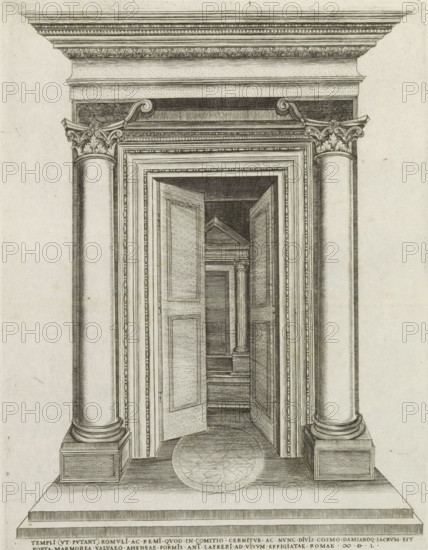 Temple of Romulus and Remus, Speculum Romanae Magnificentiae, print, album page, Caption in Latin., printmaker: attributed to Ambrogio Brambilla, Italy, publisher: Antonio Lafreri, Rome, 1550, Attributed to, paper, engraving, etching, engraving and etching, height 279 mm x width 213 mm, On the verso a light deposit of a print with a naked woman. This print belongs to the print corpus known as the 'Speculum Romanae Magnificentiae' ('Mirror of Roman Splendor'). This corpus, consisting of prints depicting artworks and buildings from ancient and modern Rome, originated with publishers Antonio Salamanca and Antonio Lafreri. These two foreign publishers joined forces in Rome between 1553 and 1563. Their prints quickly became immensely popular among tourists and collectors, who purchased them individually or in large groups. Large groups of Speculum prints were often bound together in albums upon request. Several Speculum albums have survived, all differing in content. Between 1573 and 1577, ...