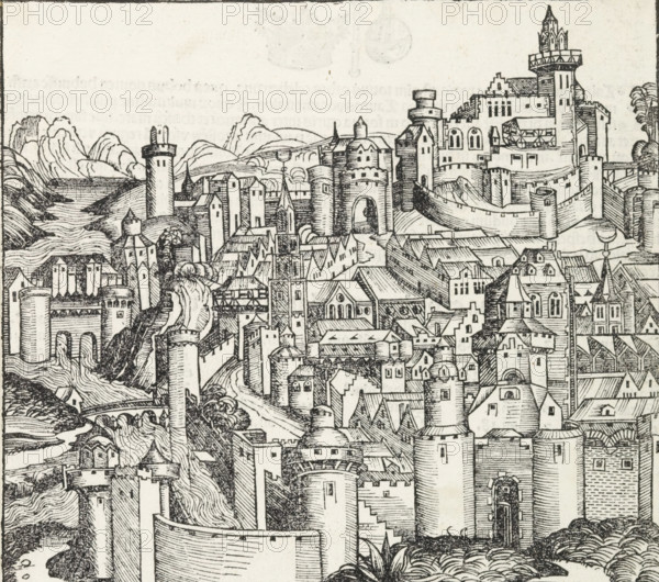 View of Pisa, Pisa, Liber Chronicarum, print, book illustration, pastedown, A view of a city. Here used as an image of the city of Pisa., printmaker: workshop of Michel Wolgemut, Nuremberg, printmaker: workshop of Wilhelm Pleydenwurff, 1493, Bavaria, paper, letterpress printing, woodcut, pastes, woodcut pasted onto album page, text in letterpress, verso with woodcut and text in letterpress, height 212 mm x width 225 mm, The woodcut is repeatedly used as a book illustration in the Liber Chronicarum (or Nuremberg Chronicle) by Hartmann Schedel, published in Latin and German in 1493. See the Latin edition, folio 45v., city-view, and landscape with man-made constructions, Tuscany, A detailed black and white ink illustration of a fortified medieval town with clustered buildings, towers, battlements, arched gateways, narrow streets, and layered rooftops, set against rolling hills and a river that winds near the town, with varied architectural features such as round and square towers, crenell...