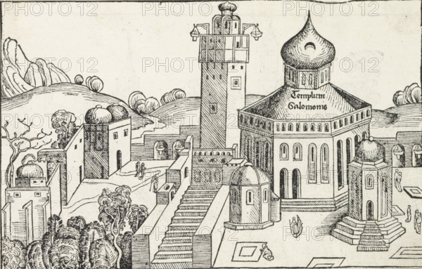 View of Jerusalem, Liber Chronicarum, print, book illustration, pastedown, View of the city of Jerusalem. On the left the Temple of Solomon., printmaker: workshop of Michel Wolgemut, Nuremberg, printmaker: workshop of Wilhelm Pleydenwurff, 1493, Bavaria, paper, letterpress printing, woodcut, woodcut pasted onto album page, verso with woodcut, height 142 mm x width 223 mm, The woodcut is repeatedly used as a book illustration in the Liber Chronicarum (or Nuremberg Chronicle) by Hartmann Schedel, published in Latin and German in 1493. See the Latin edition, folio 48r., city-view, and landscape with man-made constructions, Jerusalem, A black and white line drawing of a walled architectural complex on a hilly landscape showing various buildings with domes, towers, stairways, archways, and terraces, with stylized trees on the surrounding hills; one prominent building has a large rounded onion-shaped dome atop a square base with rectangular and arched windows, nearby is a tall narrow tower w...