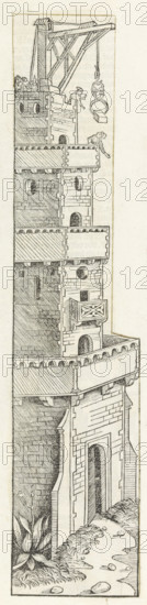 Construction of the Tower of Babel, Liber Chronicarum, print, album page, book illustration, The Tower of Babel under construction. Two men guide a building block being hoisted up with the aid of a crane., printmaker: workshop of Michel Wolgemut, Nuremberg, printmaker: workshop of Wilhelm Pleydenwurff, 1493, Bavaria, paper, letterpress printing, woodcut, pastes, woodcut pasted onto album page, verso with text in letterpress, height 358 mm x width 79 mm, The woodcut is used as a book illustration in the Liber Chronicarum (or Nuremberg Chronicle) by Hartmann Schedel, published in Latin and German in 1493. See folio 17v., the building of the Tower of Babel, Nimrod may be present, supervising or assisting the construction, A tall stone tower with multiple crenellated balconies rises from a rocky, plant-strewn base; the tower shows layered masonry with arched doorways and circular windows, an external wooden crane structure near the top holding a hooked pulley and a suspended round object, ...