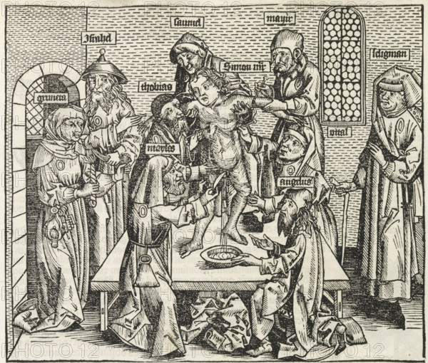 Murder of Simon of Trent, Liber Chronicarum, print, album page, book illustration, The ritual murder of the child Simon of Trent. The image is part of the Liber Chronicarum. The text of this book describes how Simon was killed by a group of Jews because of his Christian blood. The boy stands on a table and is surrounded by Gruneta, Israel, Samuel, Mayir (Meyer), Seligman, Tobias, Moses, and Angelus. Moses cuts off the boy's genitals. Others cut him in his chest and arm to collect his blood., printmaker: workshop of Michel Wolgemut, Nuremberg, printmaker: workshop of Wilhelm Pleydenwurff, 1493, Michel Wolgemut, Wilhelm Pleydenwurff, printmaker, Bavaria, paper, letterpress printing, woodcut, pastes, woodcut pasted onto album page, verso with woodcut and text in letterpress, height 194 mm x width 227 mm, The woodcut is used as a book illustration in the Liber Chronicarum (or Nuremberg Chronicle) by Hartmann Schedel, published in Latin and German in 1493. See the German and Latin edition, ...