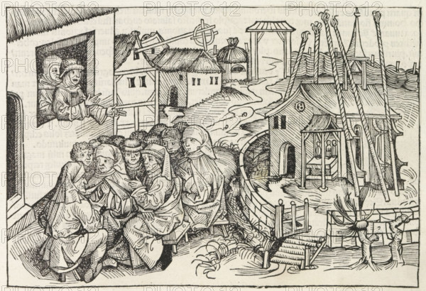 Hans Bohm of Niklashausen preaching, Liber Chronicarum, print, album page, book illustration, In a village, a group of people are listening to a man in a window frame. On the right, a church or chapel. The image is taken from the Liber Chronicarum. The text of this book identifies the man as Hans Bohm of Niklashausen. This man preached about the shameful life of the clergy and called upon people not to pay taxes and tolls., printmaker: workshop of Michel Wolgemut, Nuremberg, printmaker: workshop of Wilhelm Pleydenwurff, 1493, Bavaria, paper, letterpress printing, woodcut, pastes, woodcut pasted onto album page, verso with woodcut and text in letterpress, height 154 mm x width 225 mm, The woodcut is used as a book illustration in the Liber Chronicarum (or Nuremberg Chronicle) by Hartmann Schedel, published in Latin and German in 1493. See the German and Latin edition, folio 255r., church (exterior) - QQ - small church, chapel, preaching (in general), A black and white woodcut scene show...
