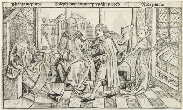 Joseph explains the Pharaoh's dreams, Liber Chronicarum, print, album page, book illustration, Joseph stands before the Pharaoh, seated on his throne, and explains his dreams to him. On the right, Potiphar's wife tries to seduce Joseph. She takes him by his cloak and pulls him to her bed., printmaker: workshop of Michel Wolgemut, Nuremberg, printmaker: workshop of Wilhelm Pleydenwurff, 1493, Bavaria, paper, letterpress printing, woodcut, pastes, woodcut pasted onto album page, text in letterpress, height 137 mm x width 228 mm, The woodcut is used as a book illustration in the Liber Chronicarum (or Nuremberg Chronicle) by Hartmann Schedel, published in Latin and German in 1493. See the Latin edition, folio 27r., Potiphar's wife trying to seduce Joseph, Joseph interpreting Pharaoh's dreams, A black and white woodcut scene shows several figures in a tiled interior with tall windows and patterned walls. On the left a seated older man wears a crown and flowing robes, his hair and beard long...
