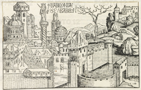 Babilonia Seu Babilon, View of Babylon, Liber Chronicarum, print, album page, book illustration, A view of the city of Babylon with Queen Semiramis on a column., printmaker: workshop of Michel Wolgemut, Nuremberg, printmaker: workshop of Wilhelm Pleydenwurff, 1493, Bavaria, paper, letterpress printing, woodcut, pastes, woodcut pasted onto album page, verso with text in letterpress, height 140 mm x width 222 mm, The woodcut is used as a book illustration in the Liber Chronicarum (or Nuremberg Chronicle) by Hartmann Schedel, published in Latin and German in 1493. See the Latin edition, folio 24v., city-view, and landscape with man-made constructions, Babylon, A detailed black-and-white woodcut view of a walled city with towers, domed and pitched roofs, and clustered buildings filling the scene; a tall twisted column topped by a crowned figure holding a sword rises above the rooftops; rounded and square towers project from the defensive walls and battlements; a domed structure with decora...